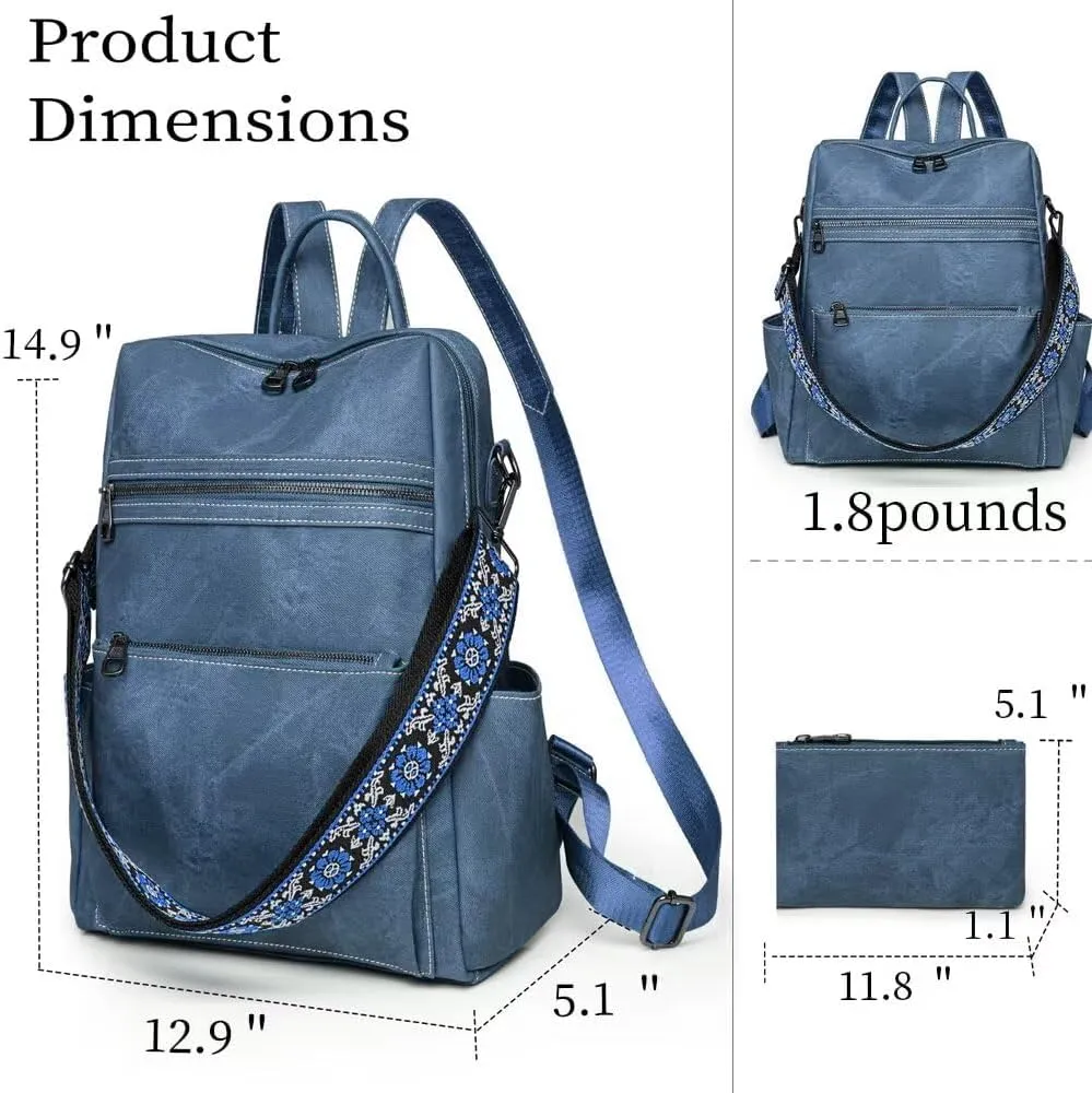 Backpack Purse for Women Large Vegan PU Leather Backpack Ladies Anti-theft Rucksack Fashion Shoulder Bag Waterproof Handbags for Travel Hiking Working, Blue