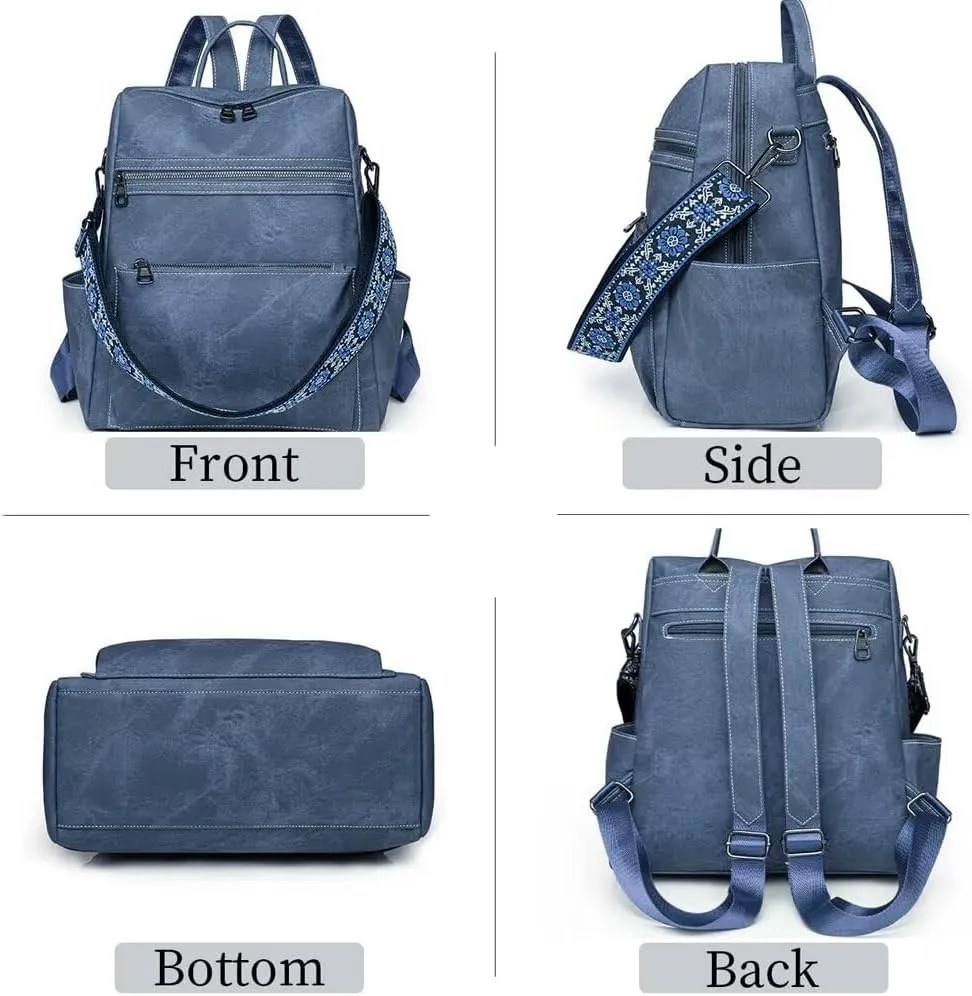 Backpack Purse for Women Large Vegan PU Leather Backpack Ladies Anti-theft Rucksack Fashion Shoulder Bag Waterproof Handbags for Travel Hiking Working, Blue