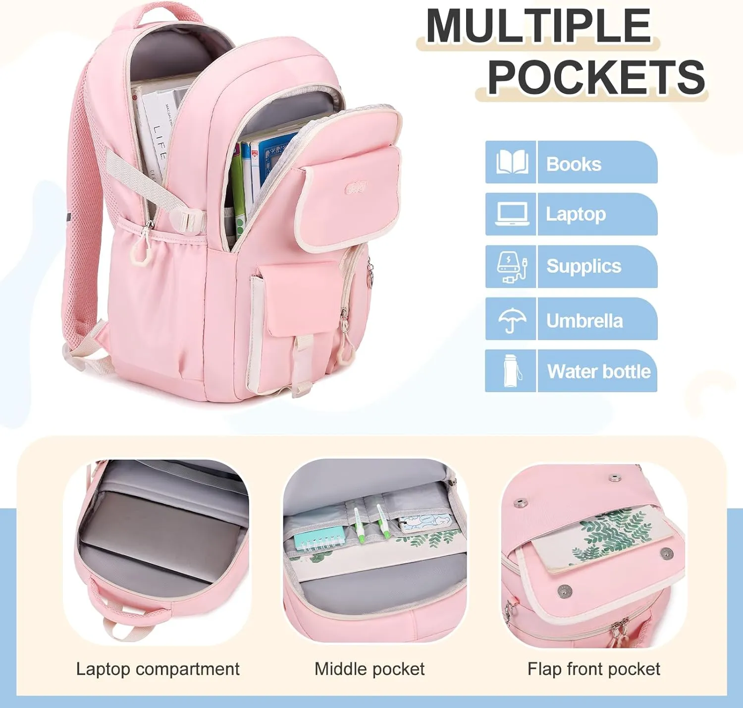 Backpacks for Girls, 3PCS School Backpack with Lunch Box Pencil Pouch for Teen Girls Kids Elementary Primary Middle High College School Bookbag Set （Pink）