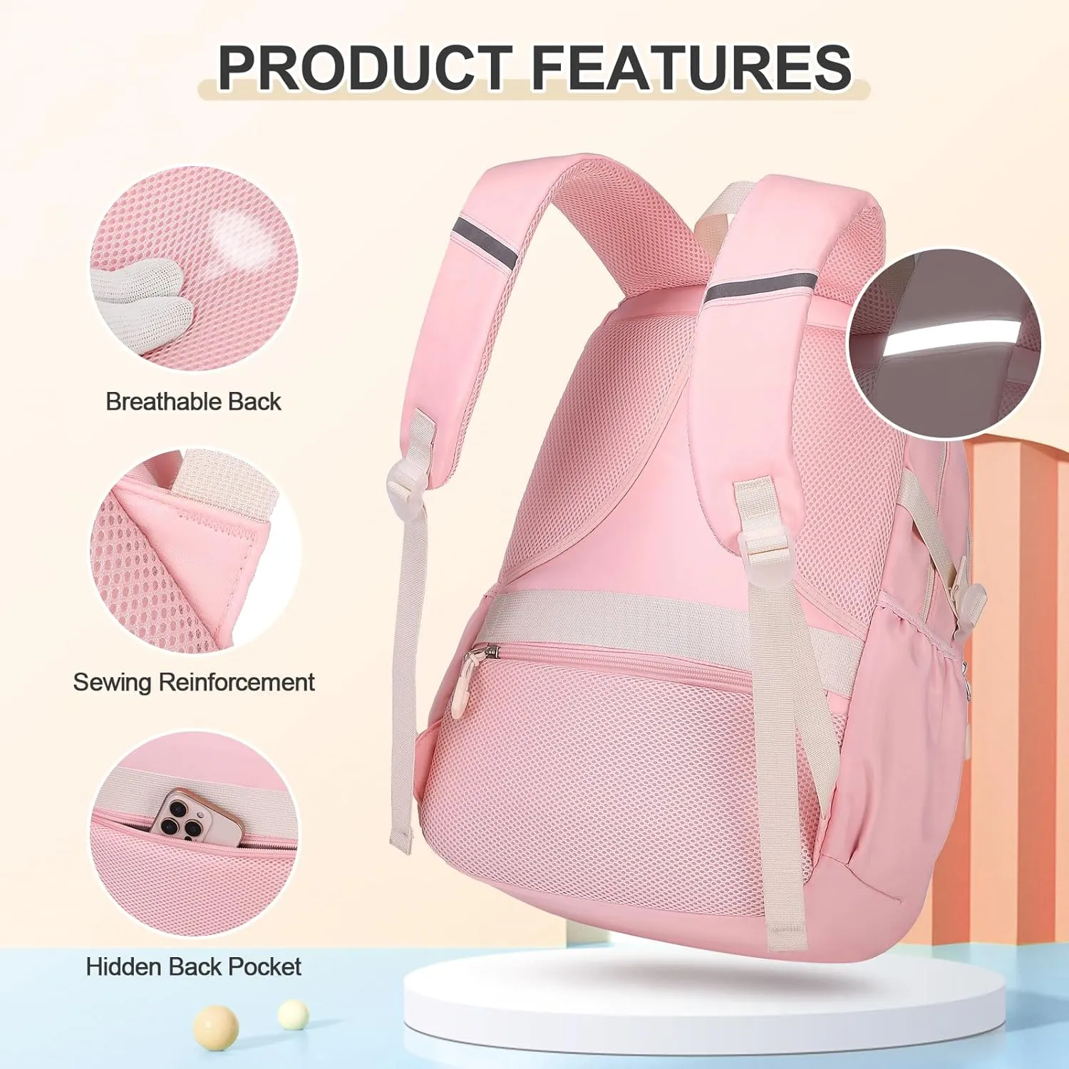 Backpacks for Girls, 3PCS School Backpack with Lunch Box Pencil Pouch for Teen Girls Kids Elementary Primary Middle High College School Bookbag Set （Pink）