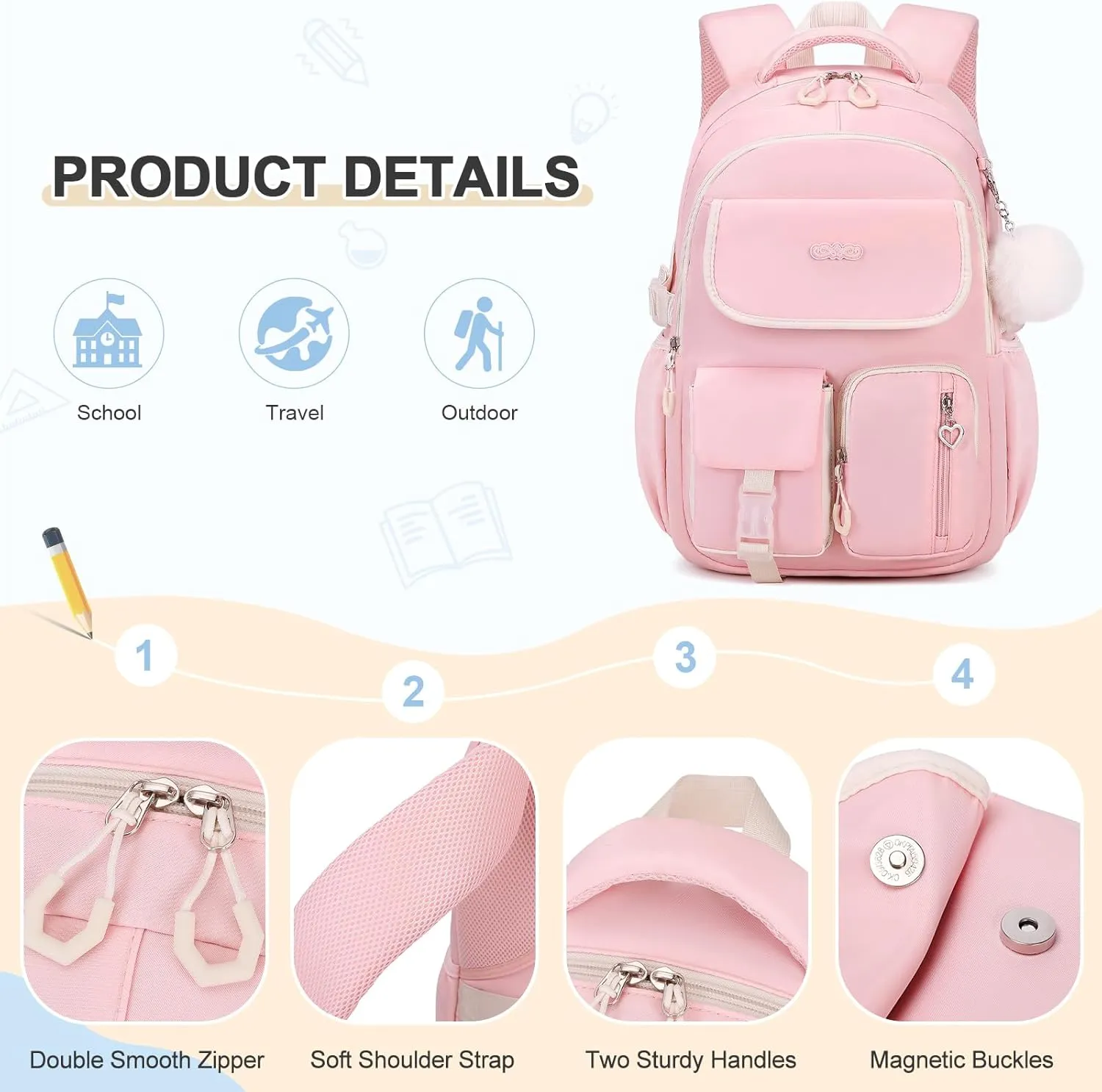 Backpacks for Girls, 3PCS School Backpack with Lunch Box Pencil Pouch for Teen Girls Kids Elementary Primary Middle High College School Bookbag Set （Pink）