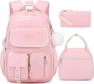 Backpacks for Girls, 3PCS School Backpack with Lunch Box Pencil Pouch for Teen Girls Kids Elementary Primary Middle High College School Bookbag Set （Pink）