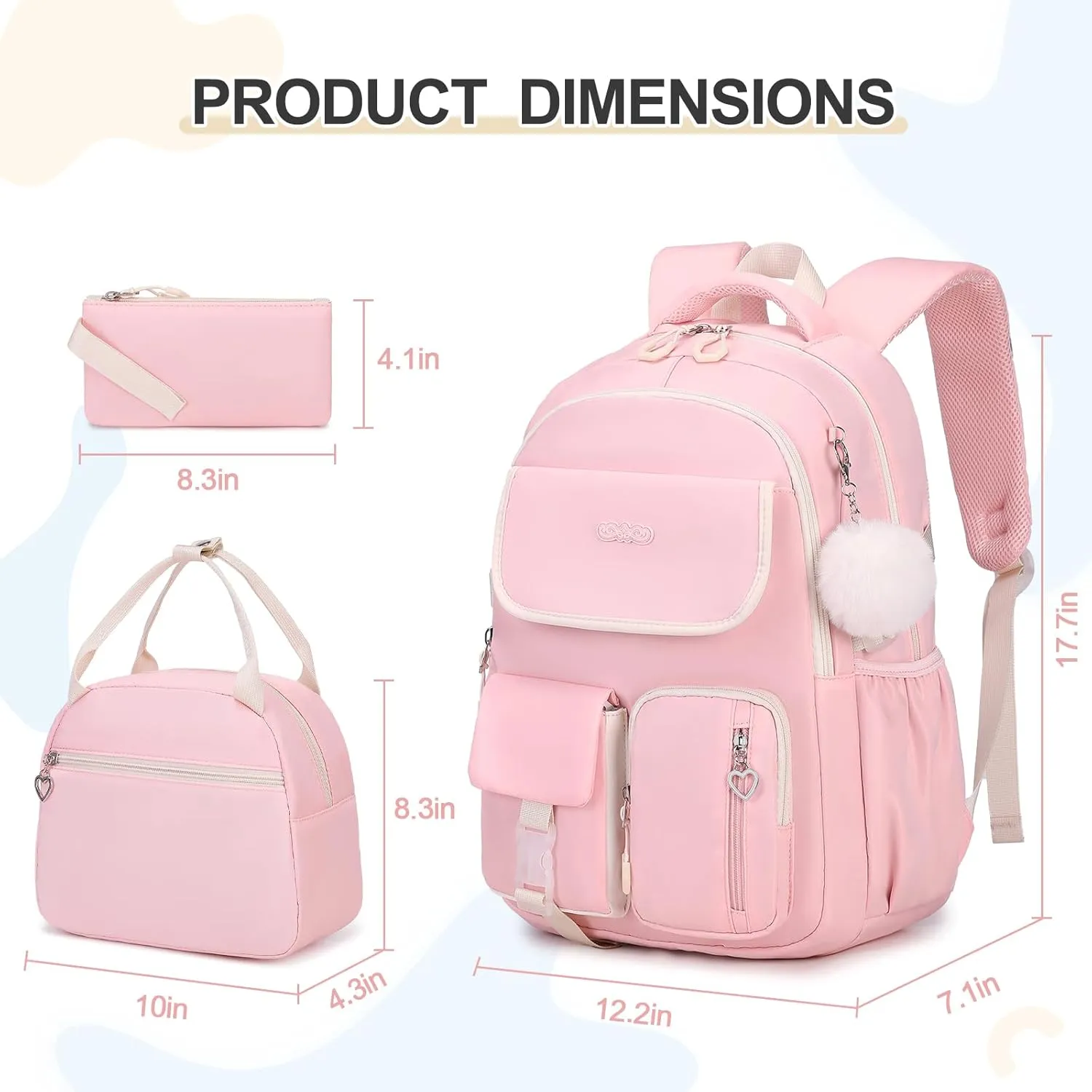 Backpacks for Girls, 3PCS School Backpack with Lunch Box Pencil Pouch for Teen Girls Kids Elementary Primary Middle High College School Bookbag Set （Pink）