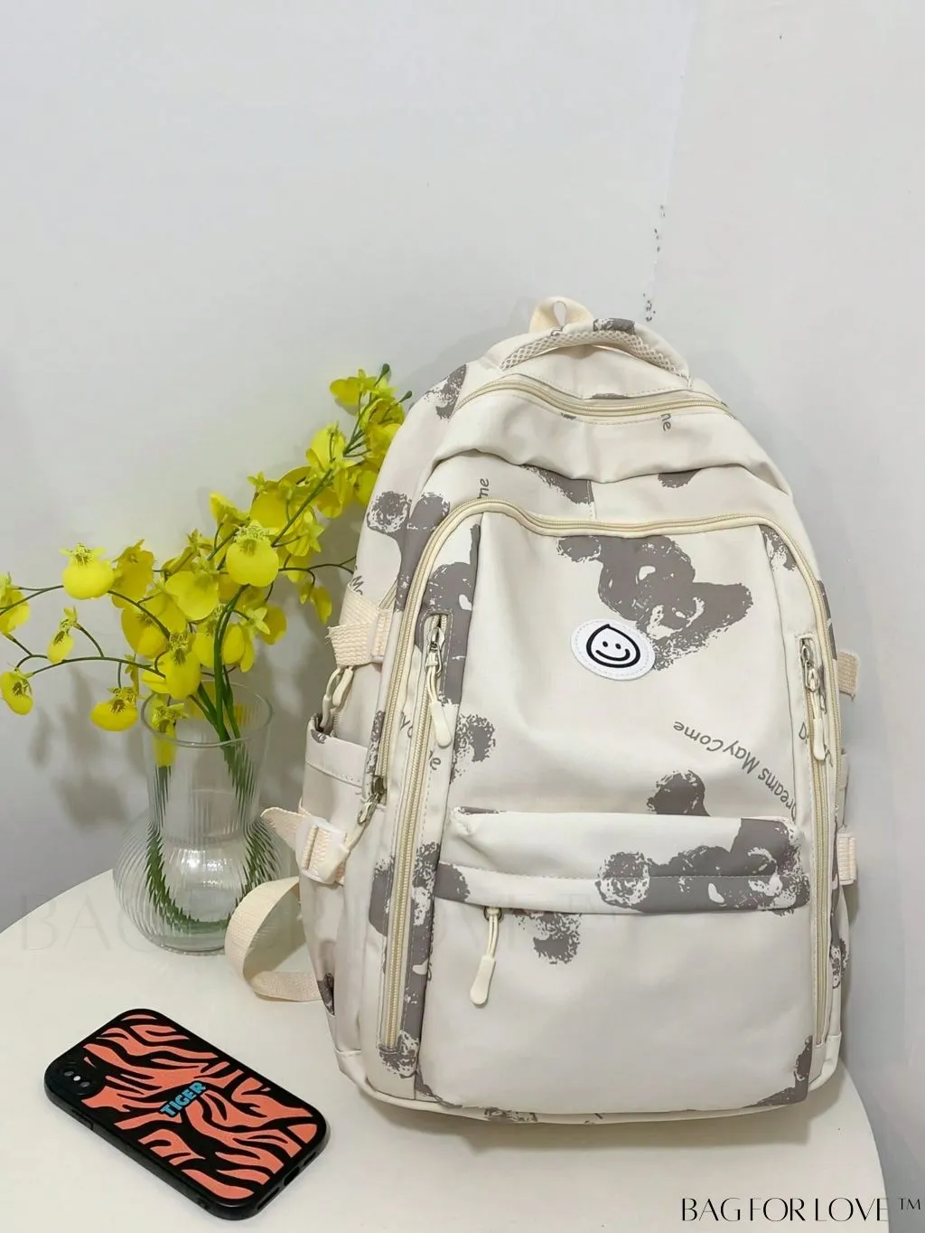 BagForLove - Classic Preppy Backpack with Letter & Bear Graphic