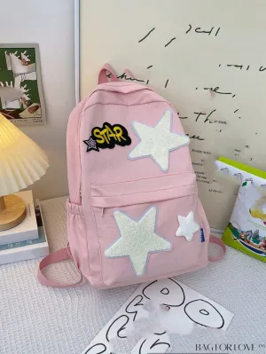BagForLove - Letter & Star Patch Decor Medium Classic Backpack â Stylish and Practical