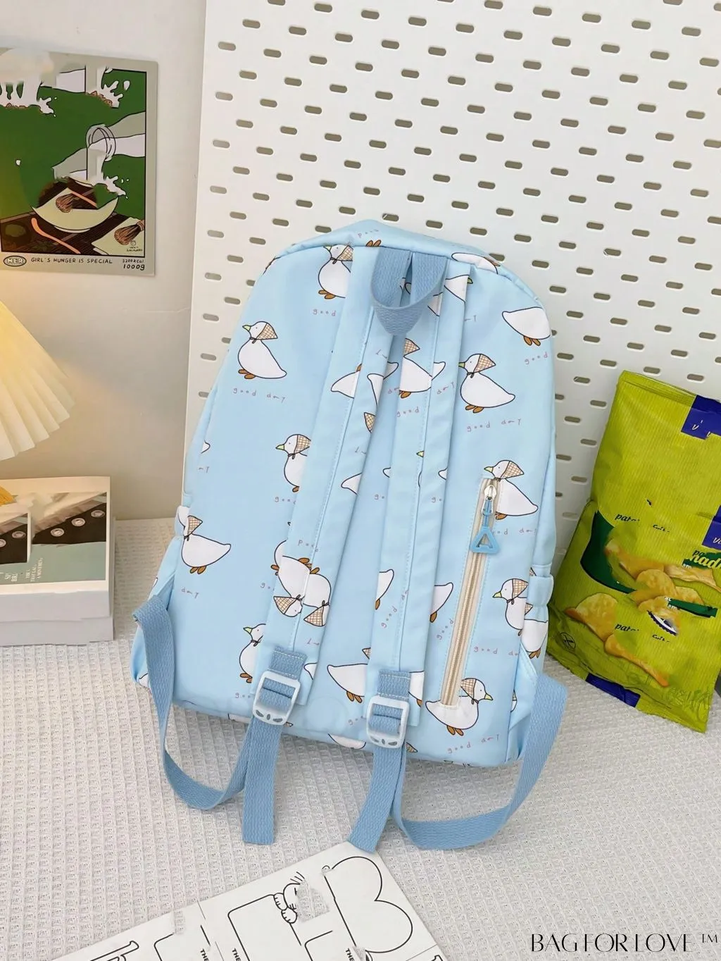 BagForLove - Preppy Classic Backpack with Cartoon Duck & Letter Graphic Design