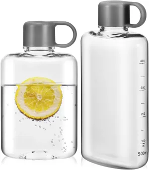 balacoo 2pcs Flat Water Bottle Clear Square Water Bottle for Portable Travel for Fitness, Outdoor Sports, Purse and Pocket(360ml 500ml), 18.50X8.50X5.00CM