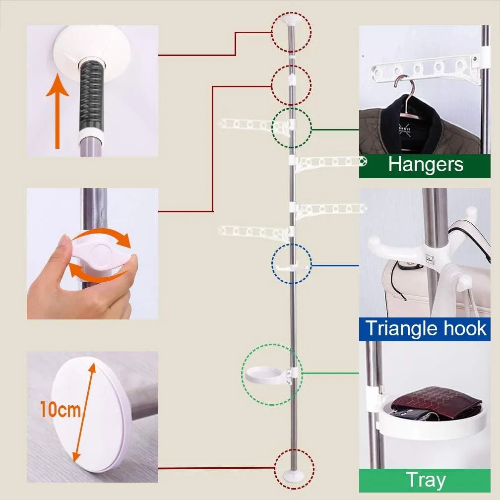 BAOYOUNI Adjustable Corner Coat Rack Stand Entryway Hall Tree Hat Jacket Hanger Hooks Floor to Ceiling Holder Organizer for Clothes, Purse, Scarves, Handbags, Umbrella, Plants - Ivory