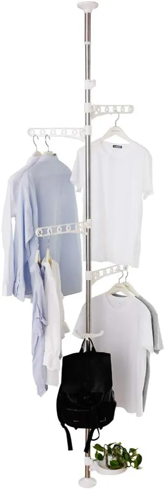 BAOYOUNI Adjustable Corner Coat Rack Stand Entryway Hall Tree Hat Jacket Hanger Hooks Floor to Ceiling Holder Organizer for Clothes, Purse, Scarves, Handbags, Umbrella, Plants - Ivory