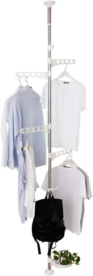 BAOYOUNI Adjustable Corner Coat Rack Stand Entryway Hall Tree Hat Jacket Hanger Hooks Floor to Ceiling Holder Organizer for Clothes, Purse, Scarves, Handbags, Umbrella, Plants - Ivory