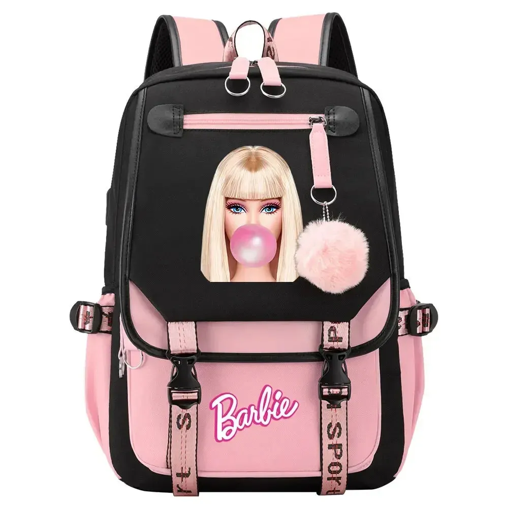 Barbie School Bags for Girls Kids Women USB Bag pack Teenagers Canvas Laptop Travel Student Backpack