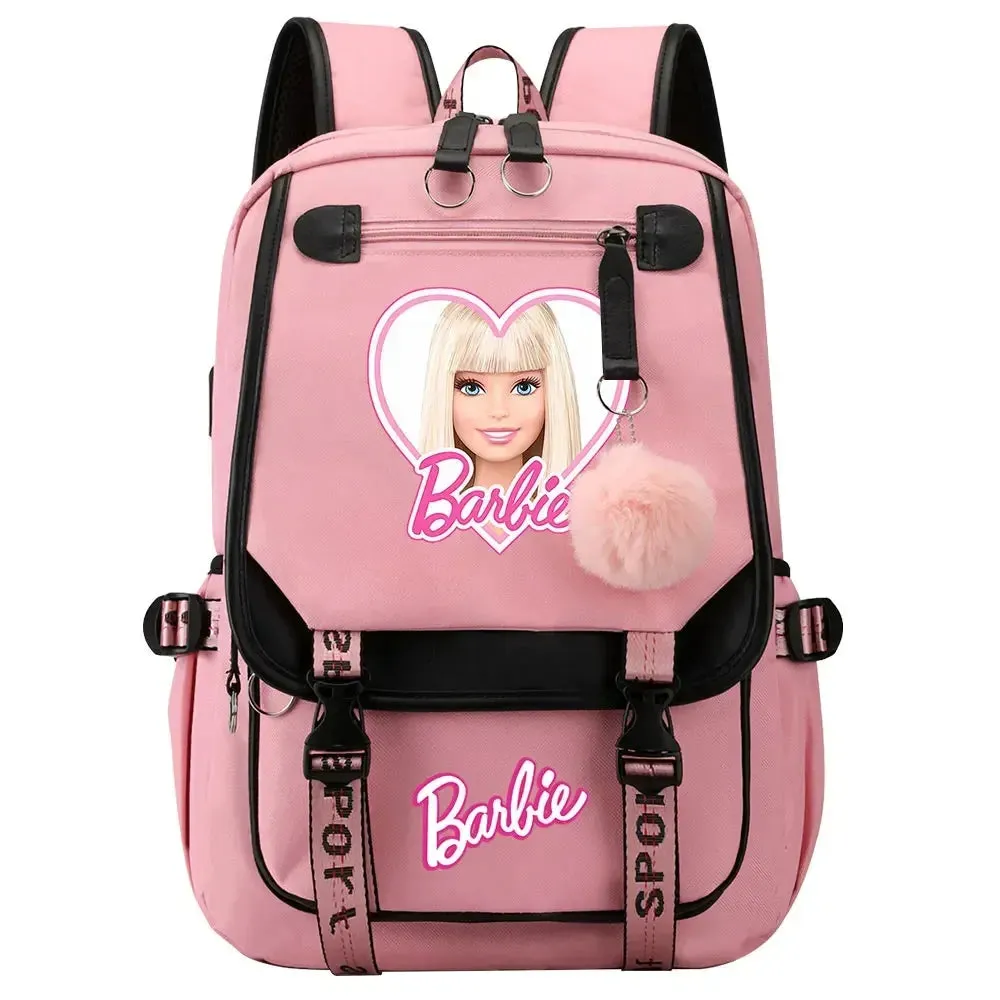 Barbie School Bags for Girls Kids Women USB Bag pack Teenagers Canvas Laptop Travel Student Backpack