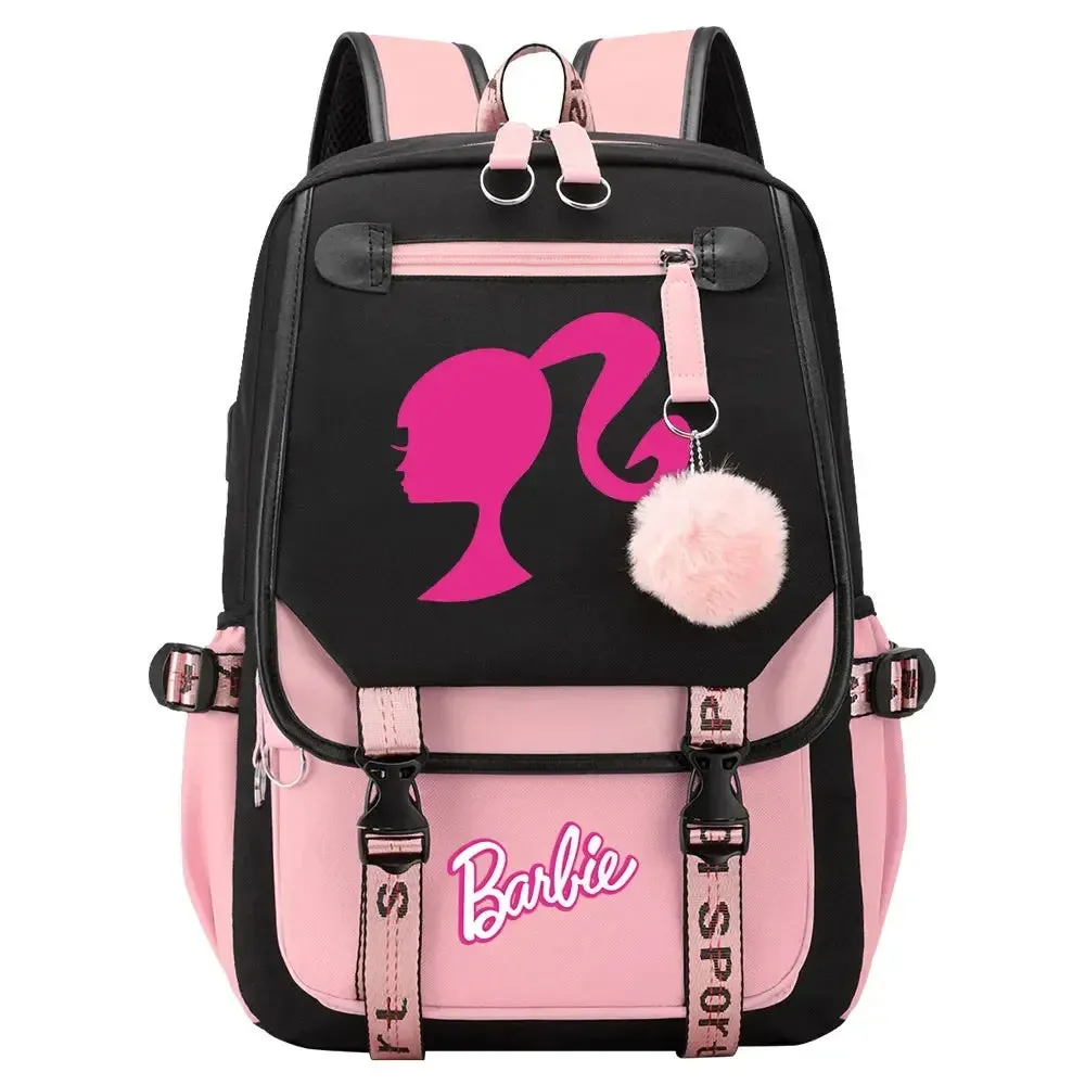 Barbie School Bags for Girls Kids Women USB Bag pack Teenagers Canvas Laptop Travel Student Backpack