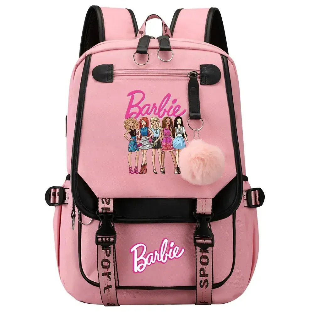 Barbie School Bags for Girls Kids Women USB Bag pack Teenagers Canvas Laptop Travel Student Backpack