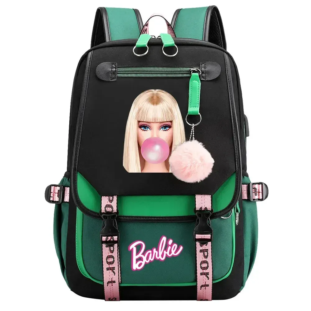 Barbie School Bags for Girls Kids Women USB Bag pack Teenagers Canvas Laptop Travel Student Backpack