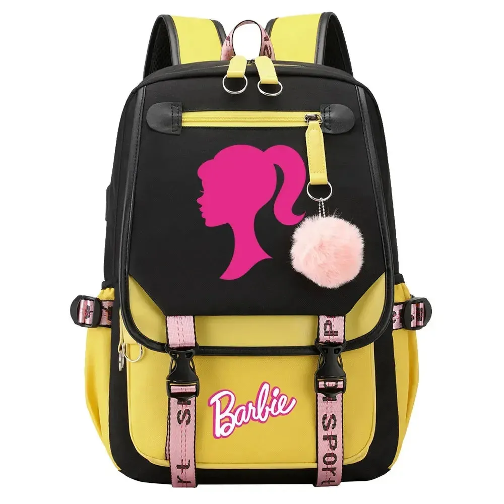 Barbie School Bags for Girls Kids Women USB Bag pack Teenagers Canvas Laptop Travel Student Backpack