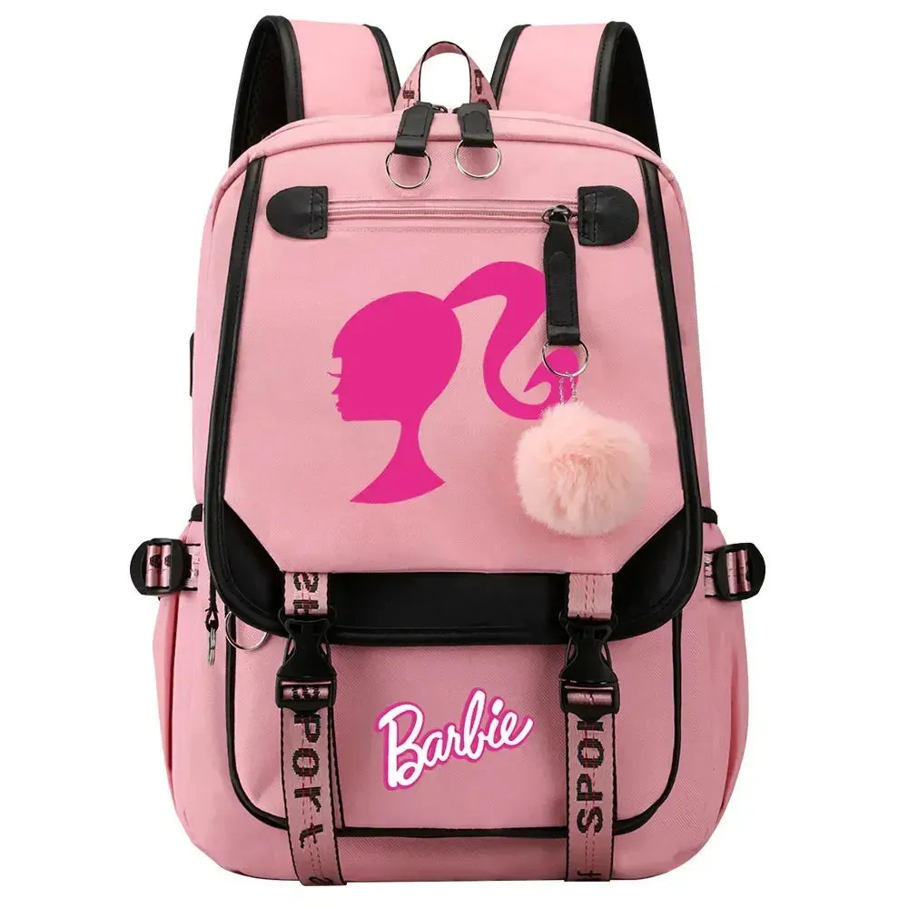 Barbie School Bags for Girls Kids Women USB Bag pack Teenagers Canvas Laptop Travel Student Backpack