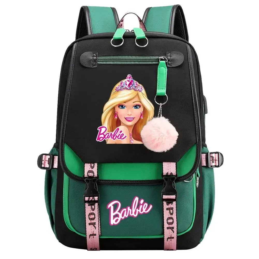 Barbie School Bags for Girls Kids Women USB Bag pack Teenagers Canvas Laptop Travel Student Backpack
