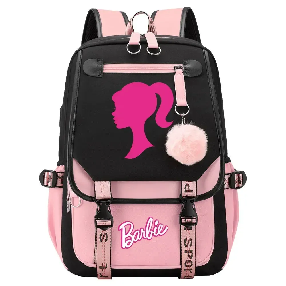 Barbie School Bags for Girls Kids Women USB Bag pack Teenagers Canvas Laptop Travel Student Backpack