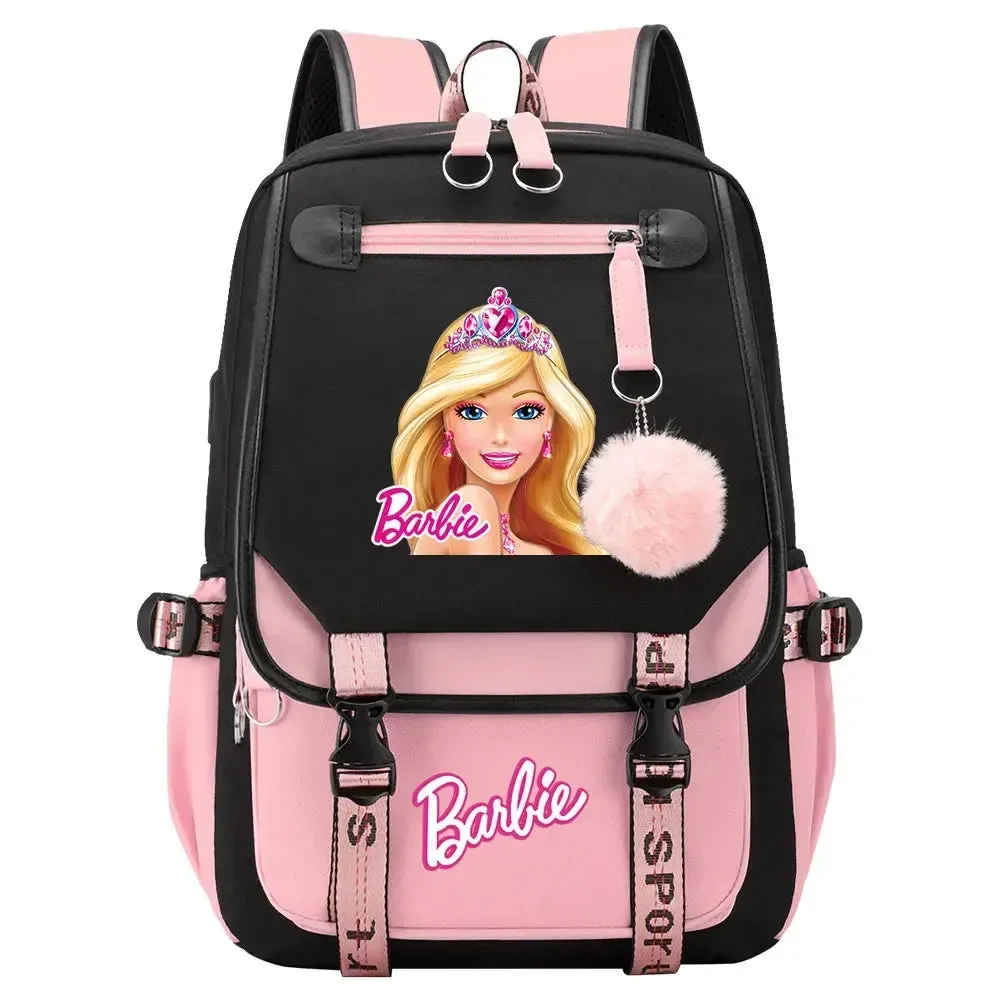 Barbie School Bags for Girls Kids Women USB Bag pack Teenagers Canvas Laptop Travel Student Backpack