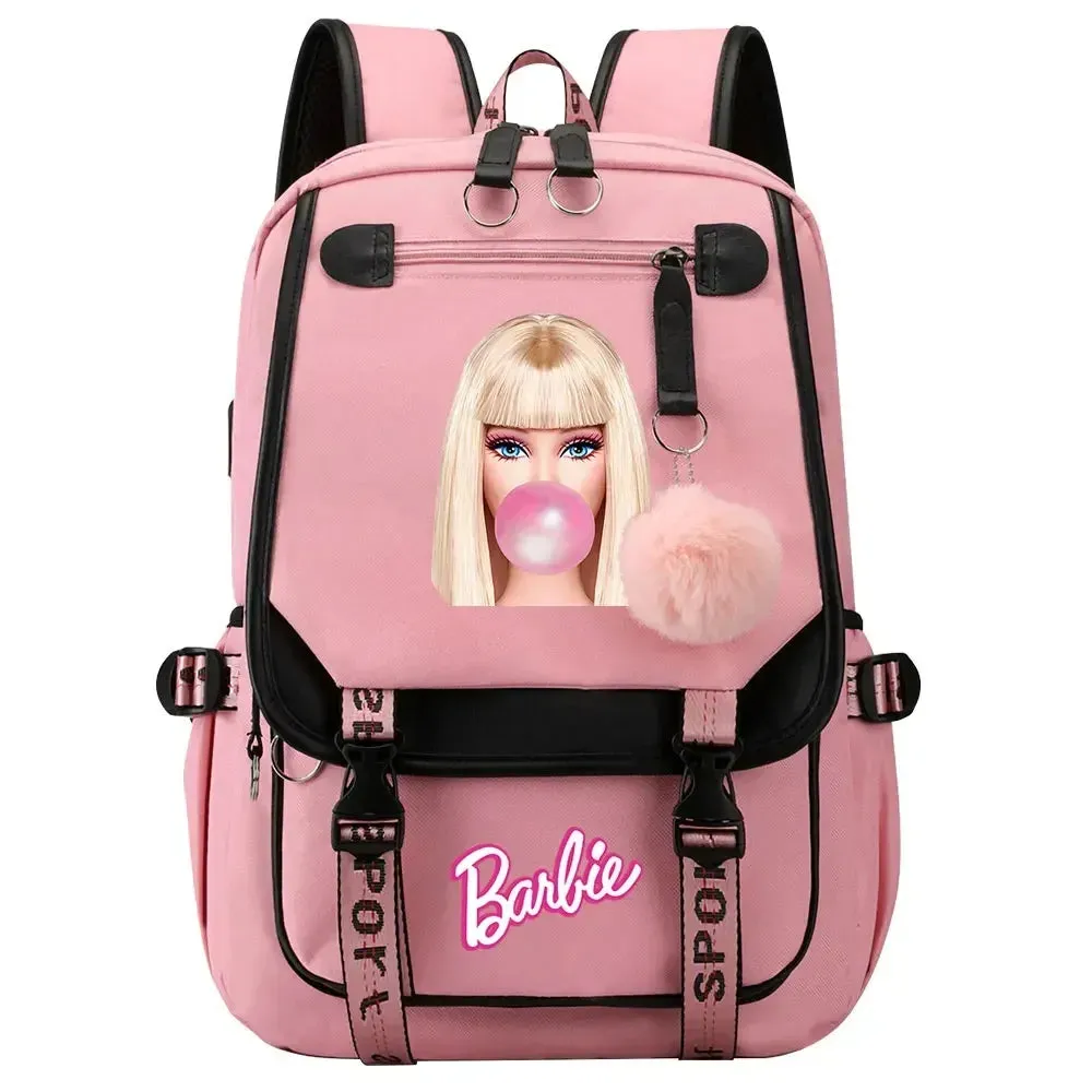 Barbie School Bags for Girls Kids Women USB Bag pack Teenagers Canvas Laptop Travel Student Backpack