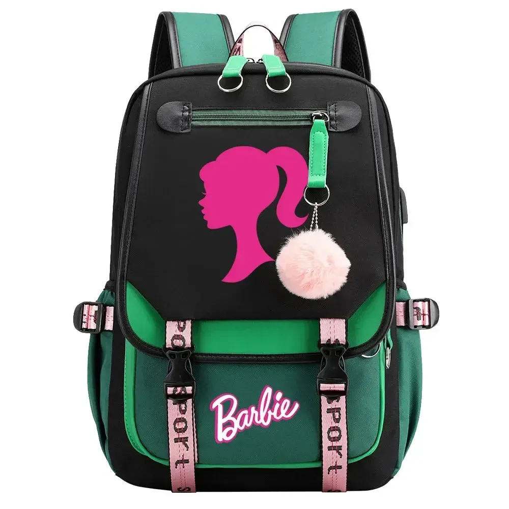 Barbie School Bags for Girls Kids Women USB Bag pack Teenagers Canvas Laptop Travel Student Backpack
