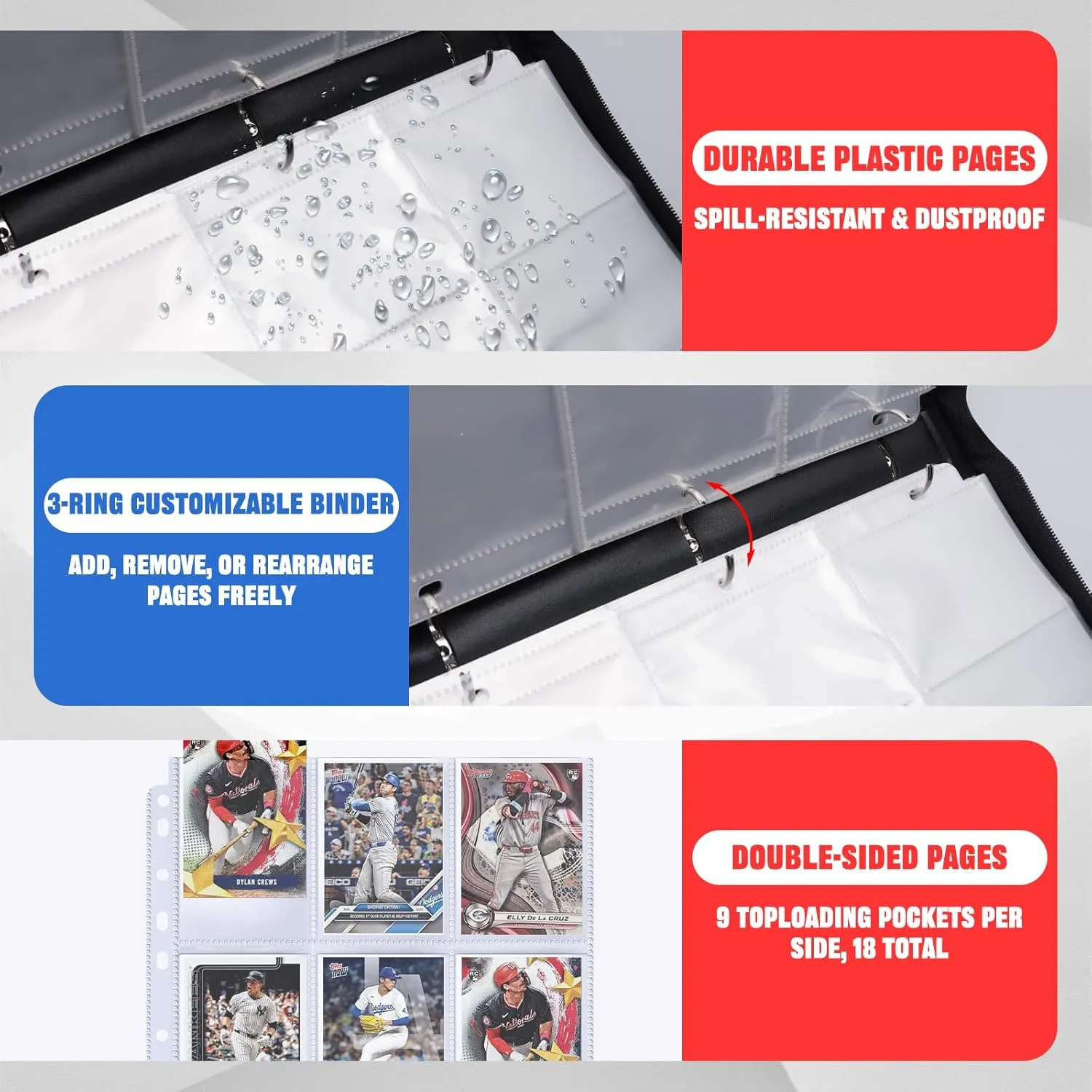 Baseball Card Binder 900 Pockets with 50 Removable Sleeves, Zippered PU Leather Trading Card Organizer Album for Sports Collectibles, Premium Protection Gift for Collectors