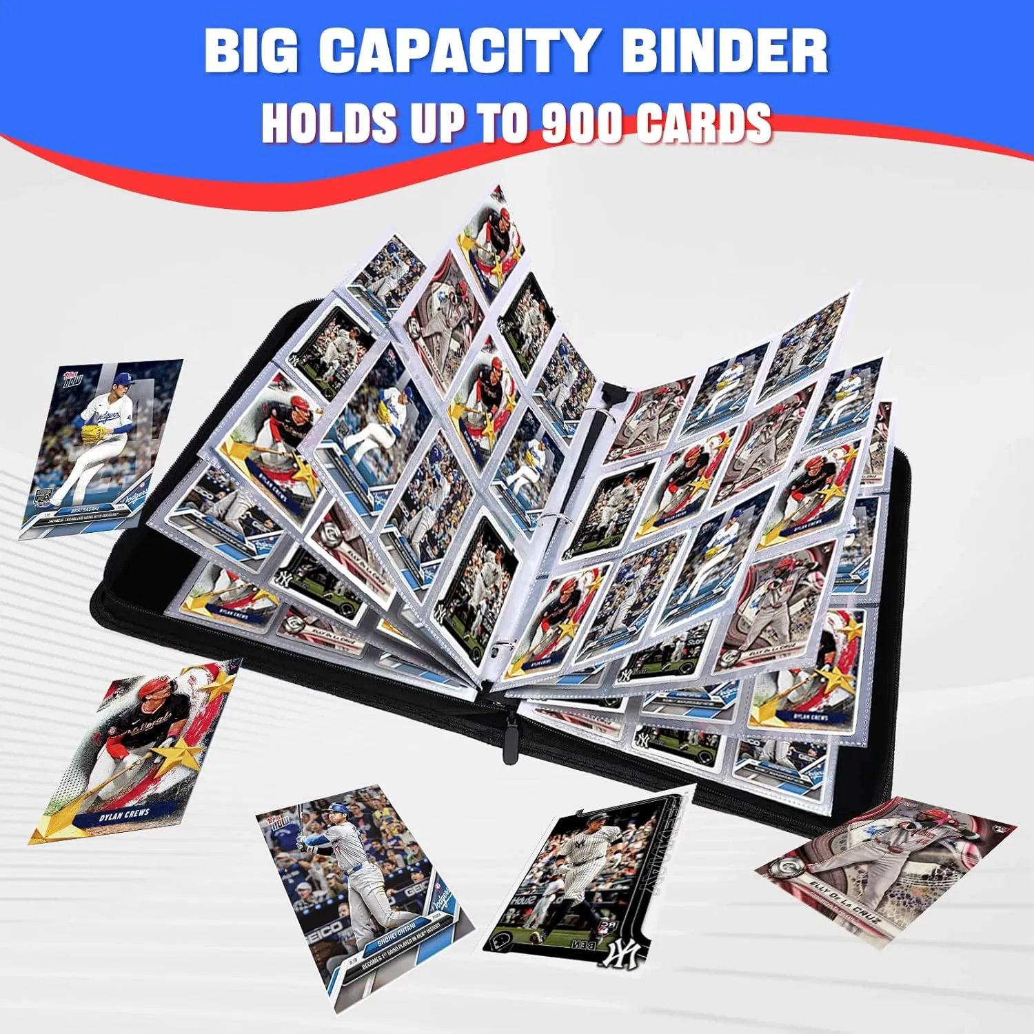 Baseball Card Binder 900 Pockets with 50 Removable Sleeves, Zippered PU Leather Trading Card Organizer Album for Sports Collectibles, Premium Protection Gift for Collectors
