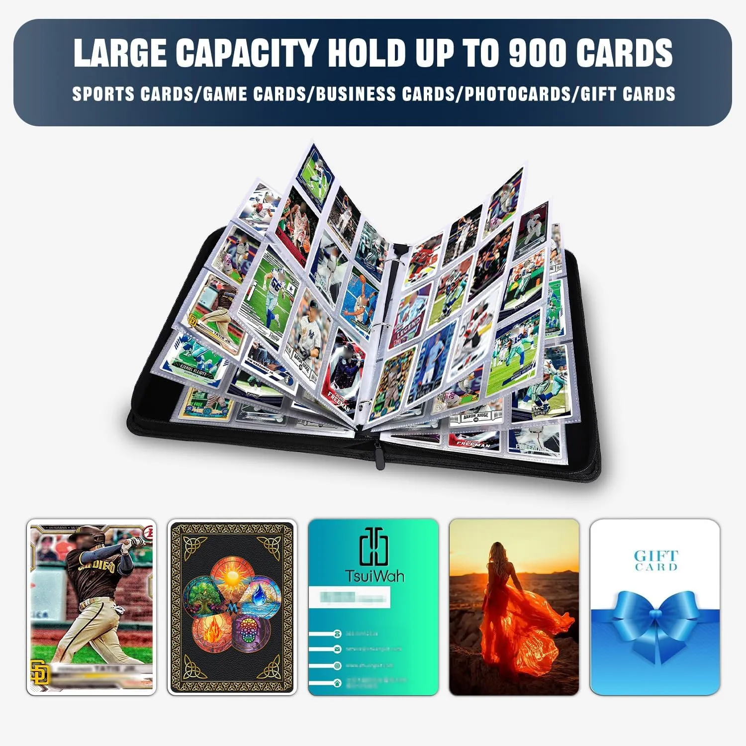Baseball Card Binder,900 Pocket Zippered Trading Card Binder,3 Ring Collector Album for Baseball, Sports Cards, Secure Organizer Storage for Kids & Adults