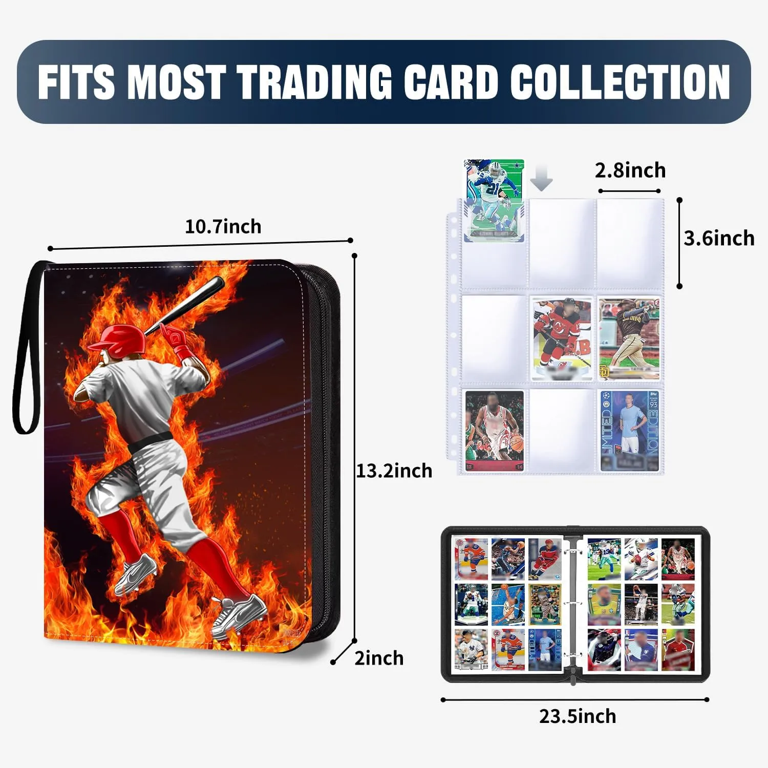 Baseball Card Binder,900 Pocket Zippered Trading Card Binder,3 Ring Collector Album for Baseball, Sports Cards, Secure Organizer Storage for Kids & Adults