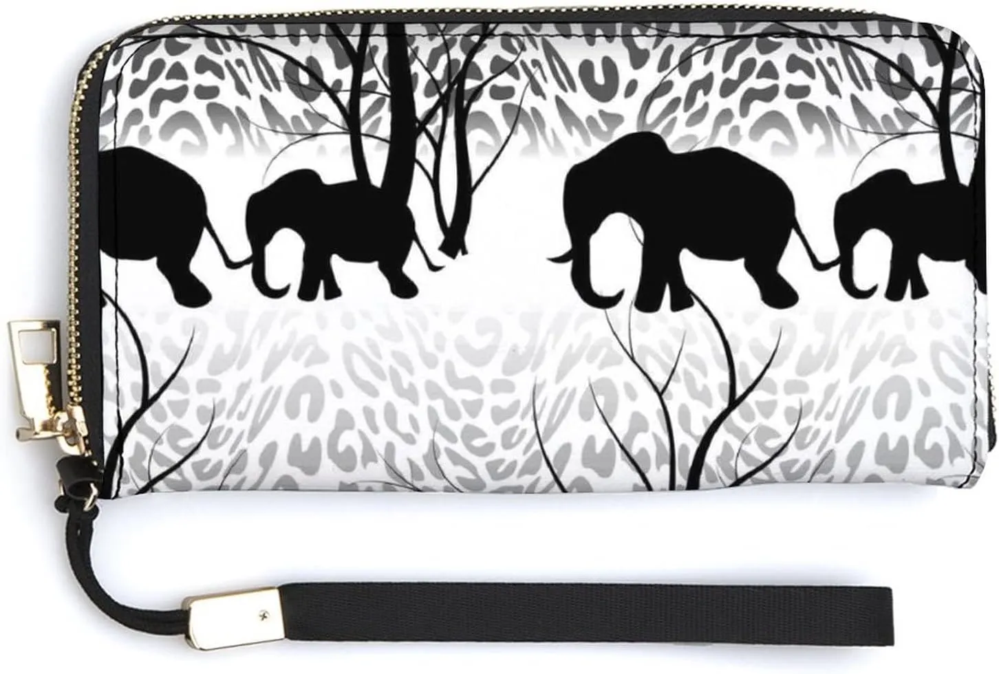 Batik Black White Tiger Skin Black Elephant Forest Silhouettes Long Clutch Wallet, Long Handbag with Removable Wristlet Strap, PU Leather Zip Purse, Credit Pass Case Card-Holder for Men Women