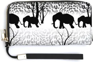 Batik Black White Tiger Skin Black Elephant Forest Silhouettes Long Clutch Wallet, Long Handbag with Removable Wristlet Strap, PU Leather Zip Purse, Credit Pass Case Card-Holder for Men Women