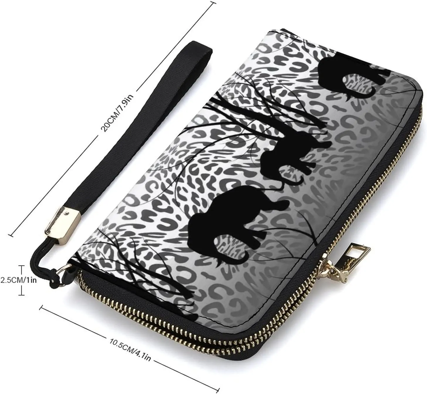 Batik Black White Tiger Skin Black Elephant Forest Silhouettes Long Clutch Wallet, Long Handbag with Removable Wristlet Strap, PU Leather Zip Purse, Credit Pass Case Card-Holder for Men Women