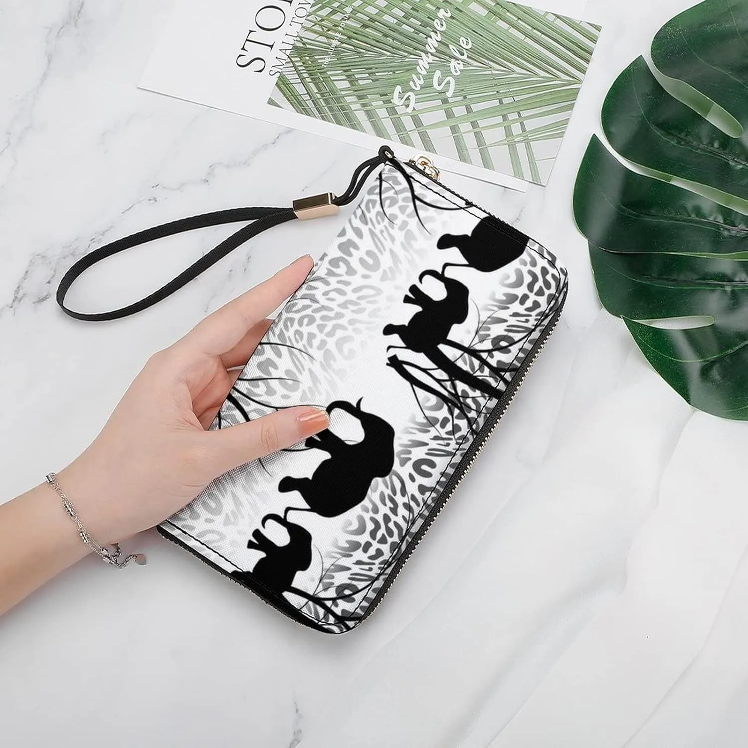 Batik Black White Tiger Skin Black Elephant Forest Silhouettes Long Clutch Wallet, Long Handbag with Removable Wristlet Strap, PU Leather Zip Purse, Credit Pass Case Card-Holder for Men Women