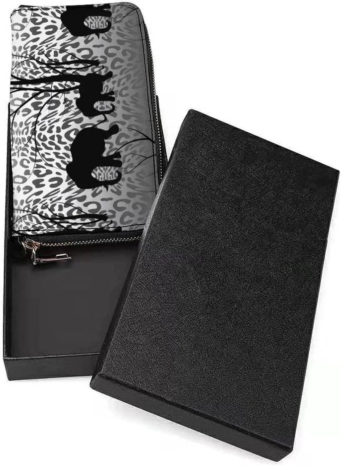 Batik Black White Tiger Skin Black Elephant Forest Silhouettes Long Clutch Wallet, Long Handbag with Removable Wristlet Strap, PU Leather Zip Purse, Credit Pass Case Card-Holder for Men Women