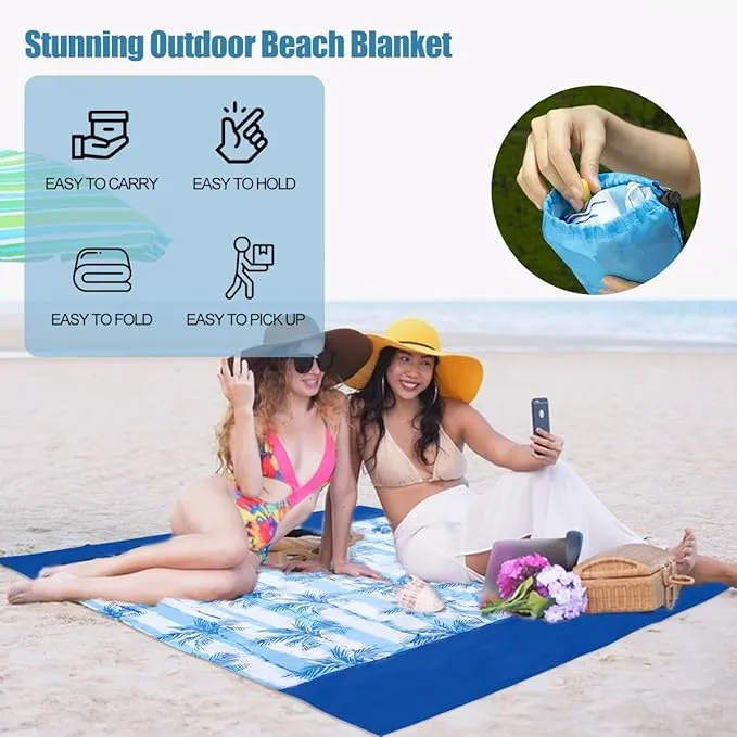Beach Blanket Waterproof Sandproof Beach Mat Oversized 79" X 83" with 4 Stakes for 2-8 Adults, Soft and Durable, Sand Free, Light Weight, Perfect for Beach Travel Camping Outdoor Hiking