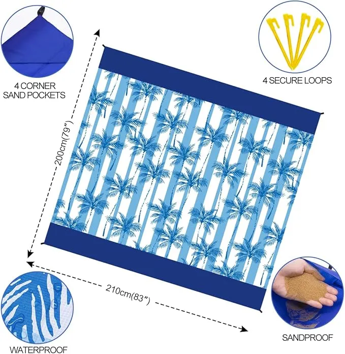 Beach Blanket Waterproof Sandproof Beach Mat Oversized 79" X 83" with 4 Stakes for 2-8 Adults, Soft and Durable, Sand Free, Light Weight, Perfect for Beach Travel Camping Outdoor Hiking