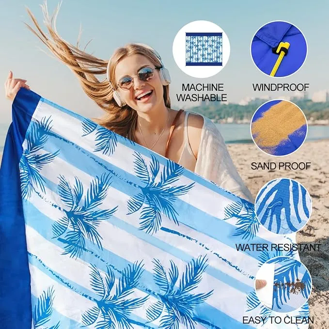 Beach Blanket Waterproof Sandproof Beach Mat Oversized 79" X 83" with 4 Stakes for 2-8 Adults, Soft and Durable, Sand Free, Light Weight, Perfect for Beach Travel Camping Outdoor Hiking