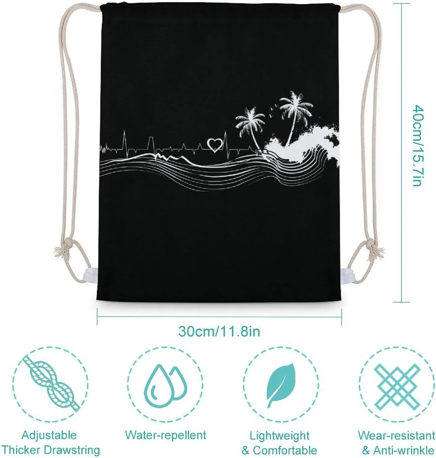 _Beach Heartbeat Drawstring Backpack Canvas Double Shoulder Bag String Bag Sports Gym Bag for Men Women 30x40cm