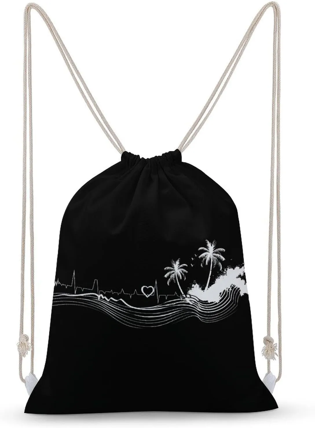 _Beach Heartbeat Drawstring Backpack Canvas Double Shoulder Bag String Bag Sports Gym Bag for Men Women 30x40cm