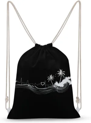 _Beach Heartbeat Drawstring Backpack Canvas Double Shoulder Bag String Bag Sports Gym Bag for Men Women 30x40cm