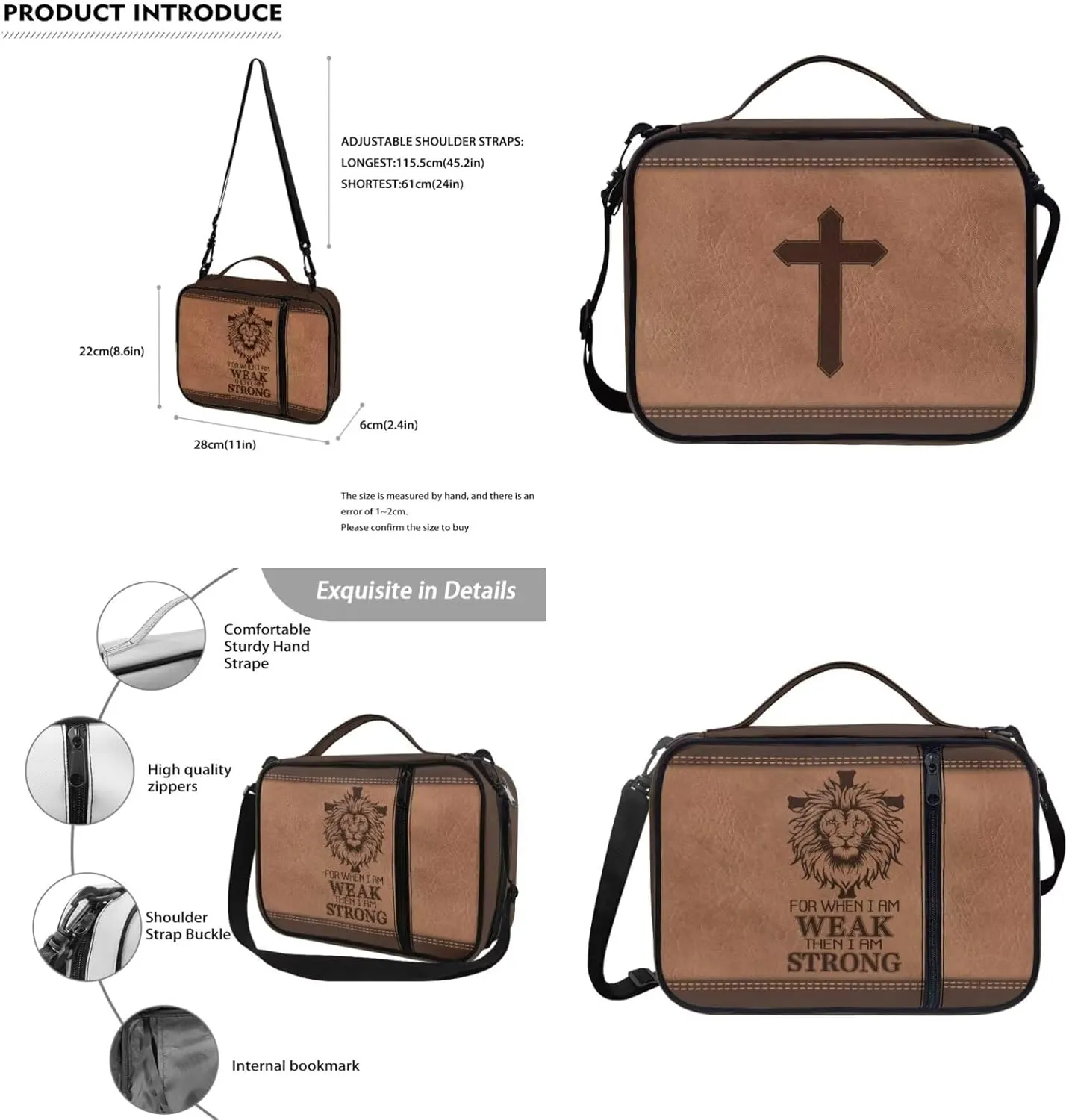 Bible Cases for Men Bible Covers with Leather Keychain Bible Organizer Tote Bag Bible Bag with Shoulder Strap Zipper Pocket, for When I am Weak, Set of 2