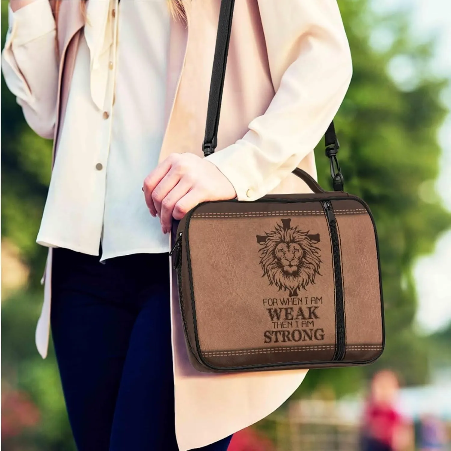 Bible Cases for Men Bible Covers with Leather Keychain Bible Organizer Tote Bag Bible Bag with Shoulder Strap Zipper Pocket, for When I am Weak, Set of 2
