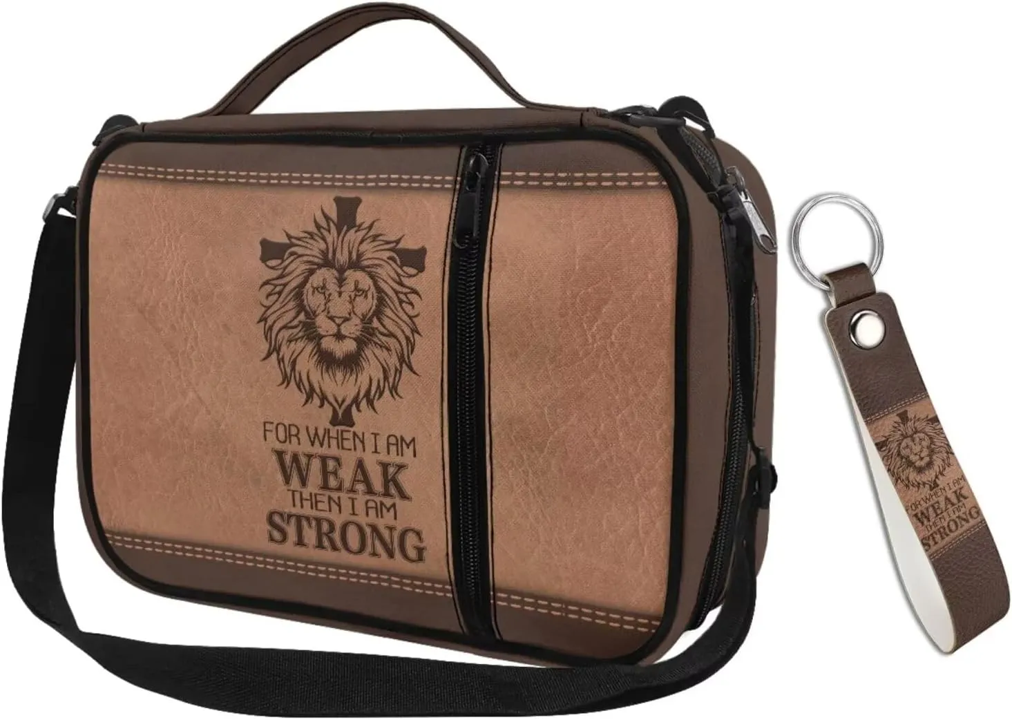 Bible Cases for Men Bible Covers with Leather Keychain Bible Organizer Tote Bag Bible Bag with Shoulder Strap Zipper Pocket, for When I am Weak, Set of 2