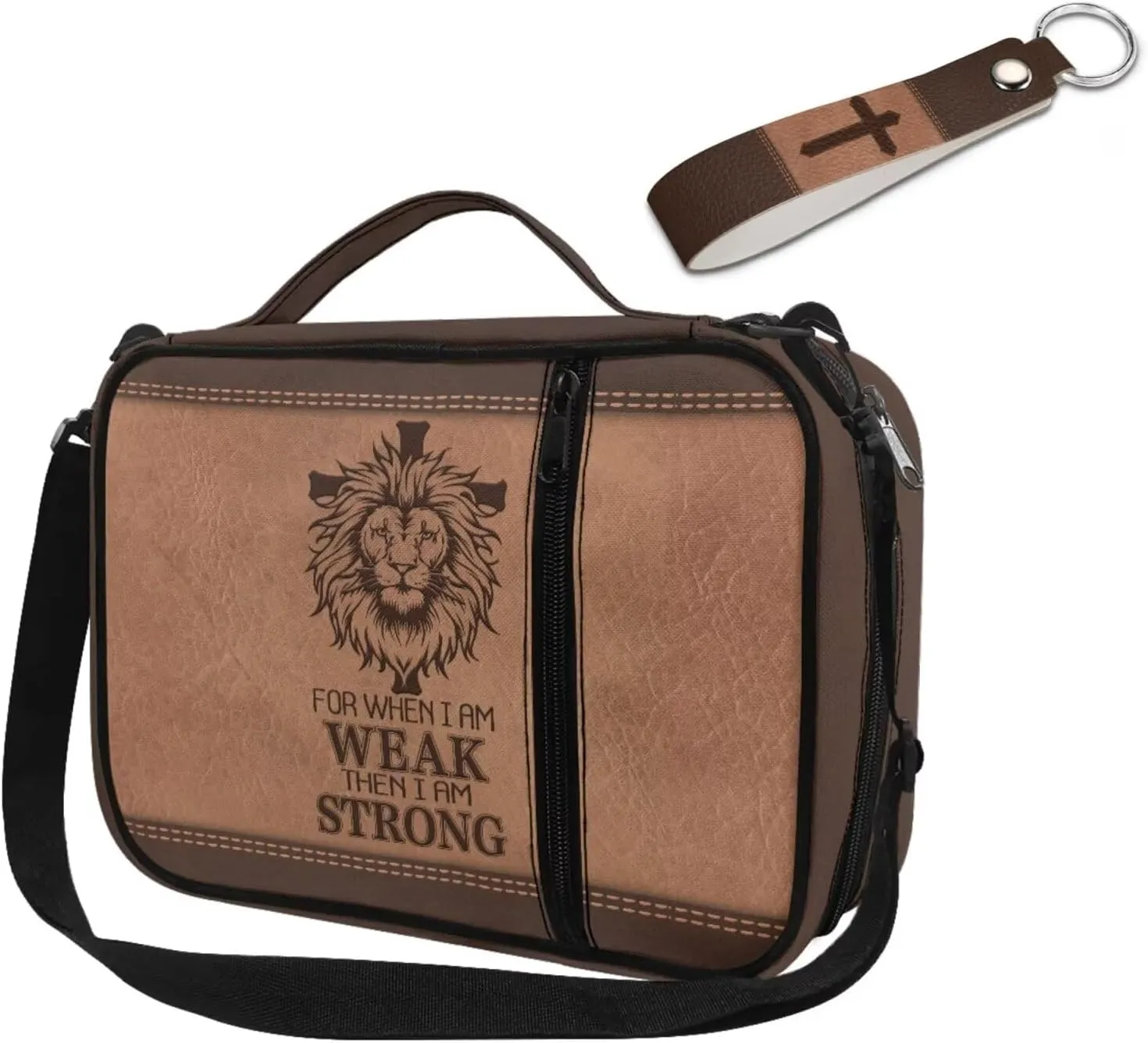 Bible Cases for Men Bible Covers with Leather Keychain Bible Organizer Tote Bag Bible Bag with Shoulder Strap Zipper Pocket, for When I am Weak, Set of 2
