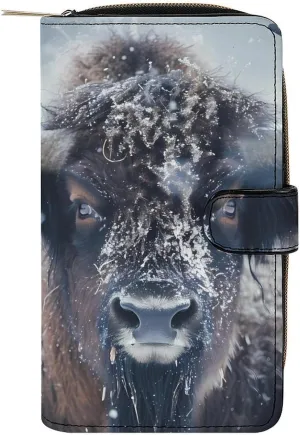Bison Snowstorm Womens Leather Long Wallet Fashion Card Holder Purse Clutch Handbag with Zip