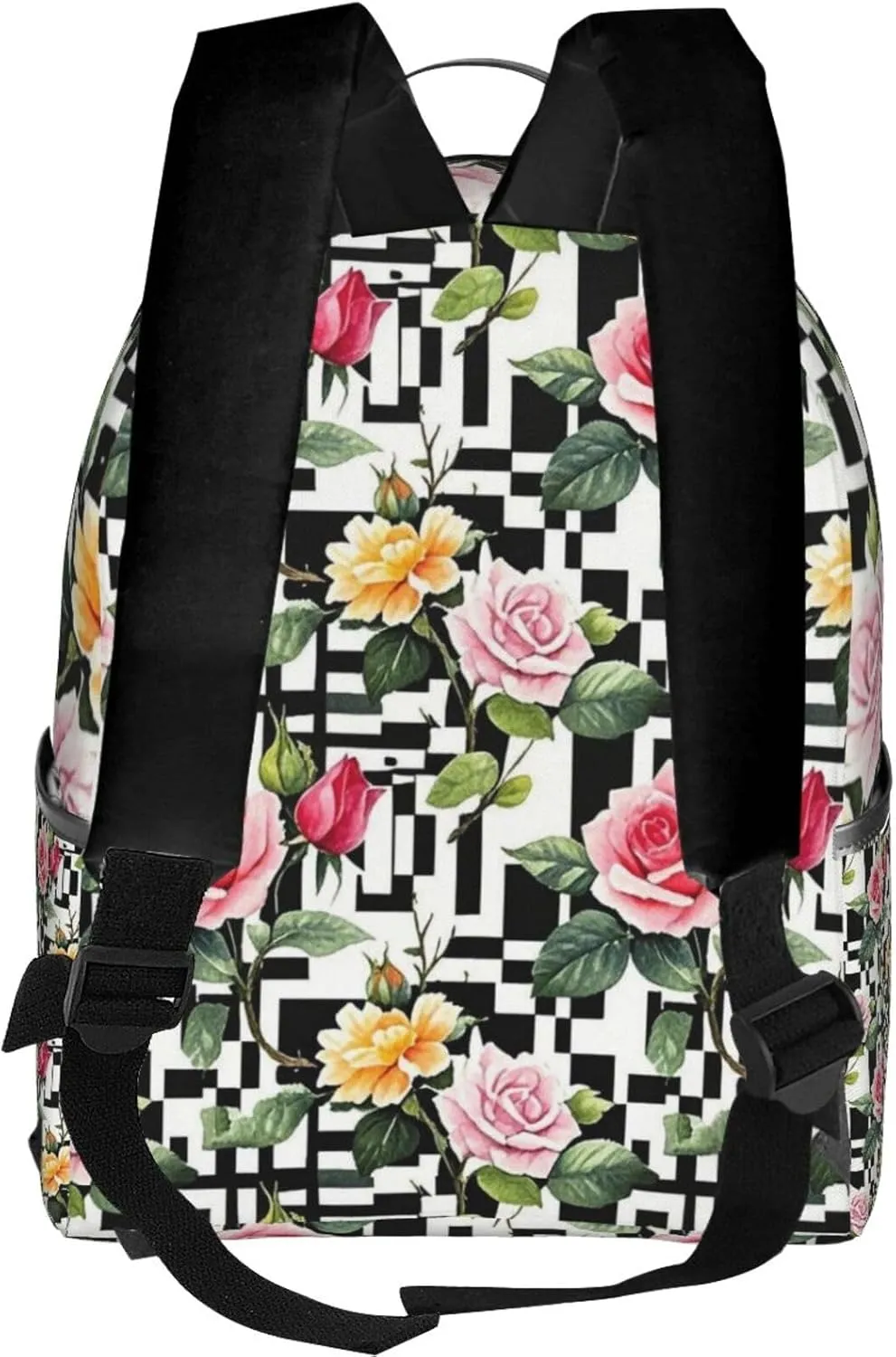 Black and White Stripes Rose Adult Backpacks 14 Inch Laptop Backpack Double Shoulder Bag for Work Travel Gifts