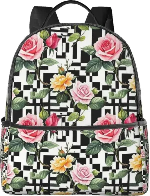 Black and White Stripes Rose Adult Backpacks 14 Inch Laptop Backpack Double Shoulder Bag for Work Travel Gifts