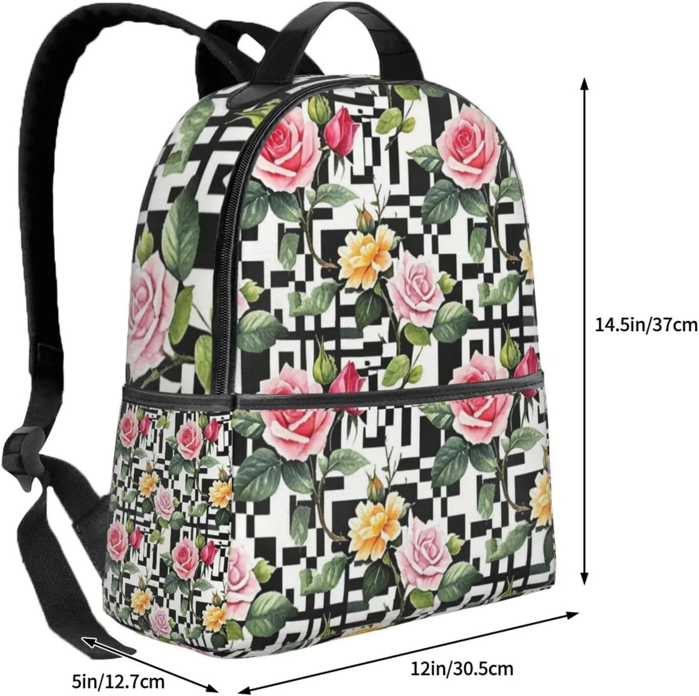 Black and White Stripes Rose Adult Backpacks 14 Inch Laptop Backpack Double Shoulder Bag for Work Travel Gifts