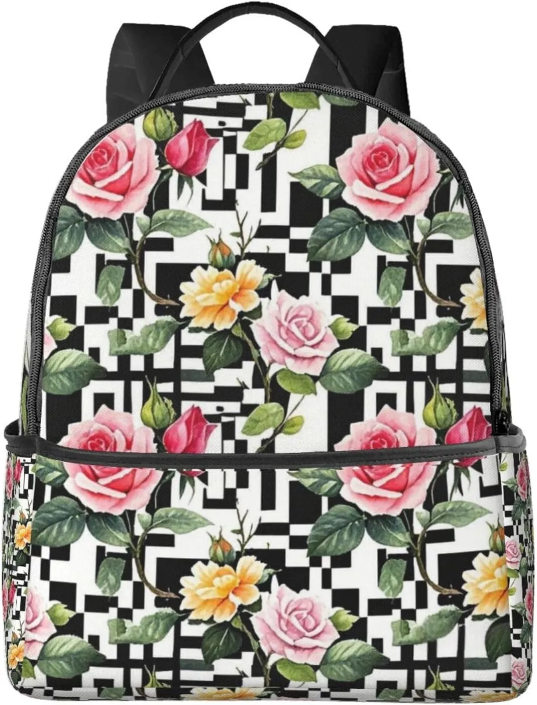 Black and White Stripes Rose Adult Backpacks 14 Inch Laptop Backpack Double Shoulder Bag for Work Travel Gifts